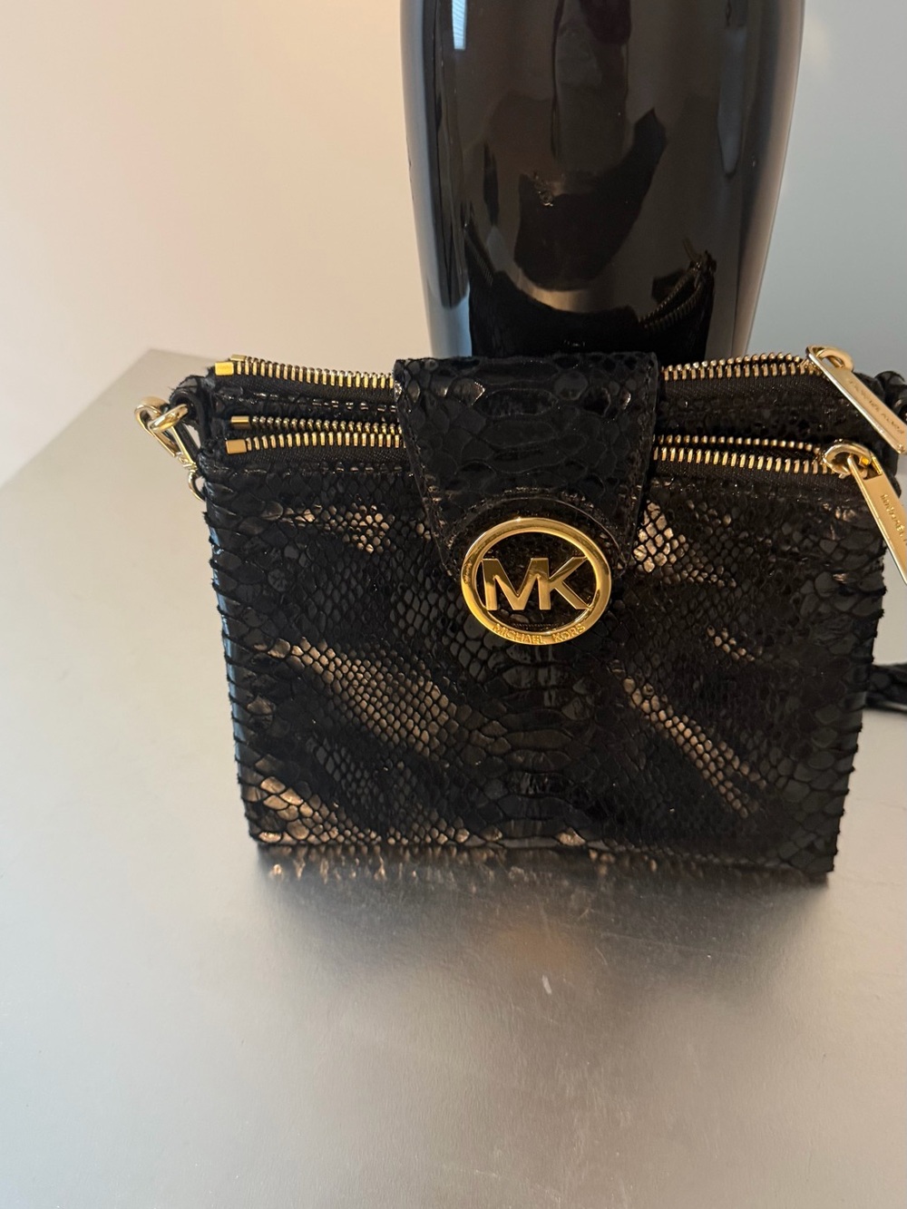 Michael Kors Black Snake-Embossed Mini Crossbody with Gold MK Logo